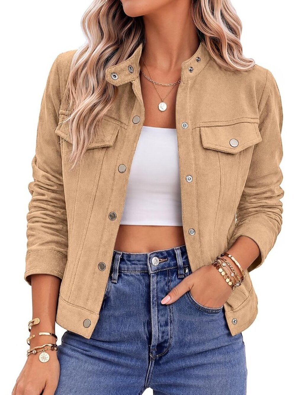 Women's Light Khaki Faux Suede Cropped Shacket Button Down Collared Fall Jacket
